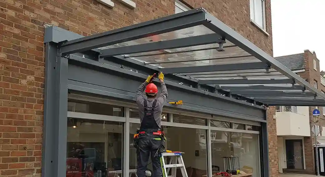 A worker in a red hard hat and overalls installs a glass and metal awning above a storefront on a brick building.