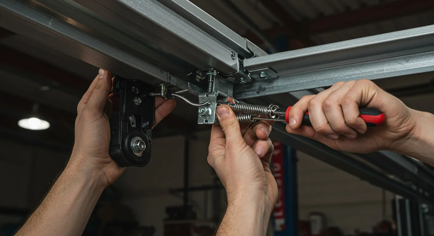 Hands Repairing garage door spring.