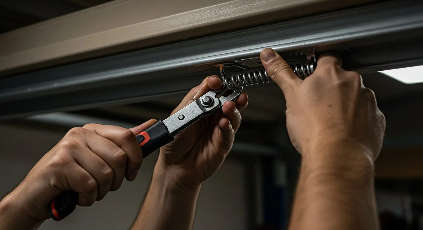 Two hands use pliers to tighten a tension spring on a metal rail.