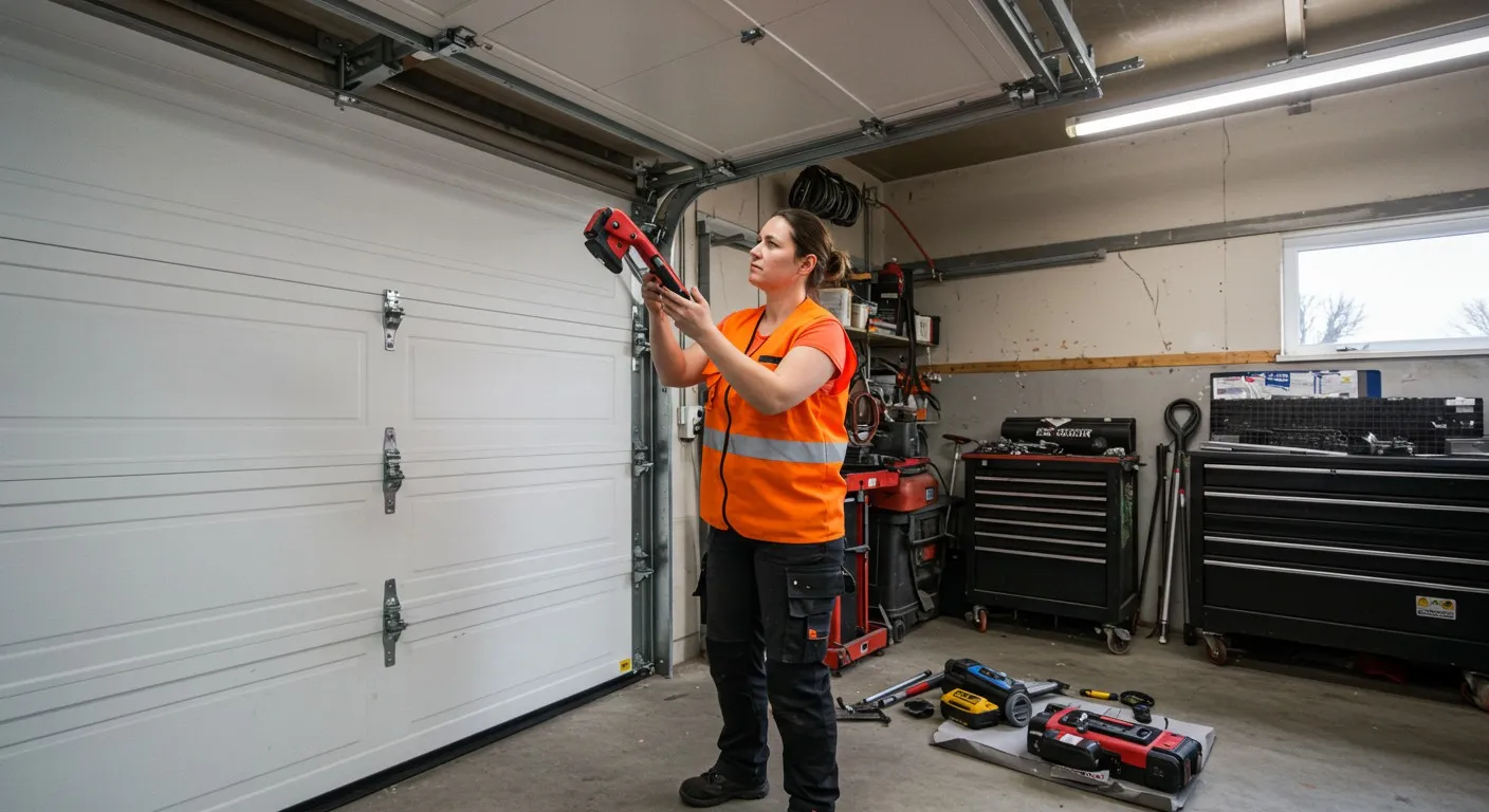 A person wearing an orange safety vest inspects a tool with focused expression in a garage.