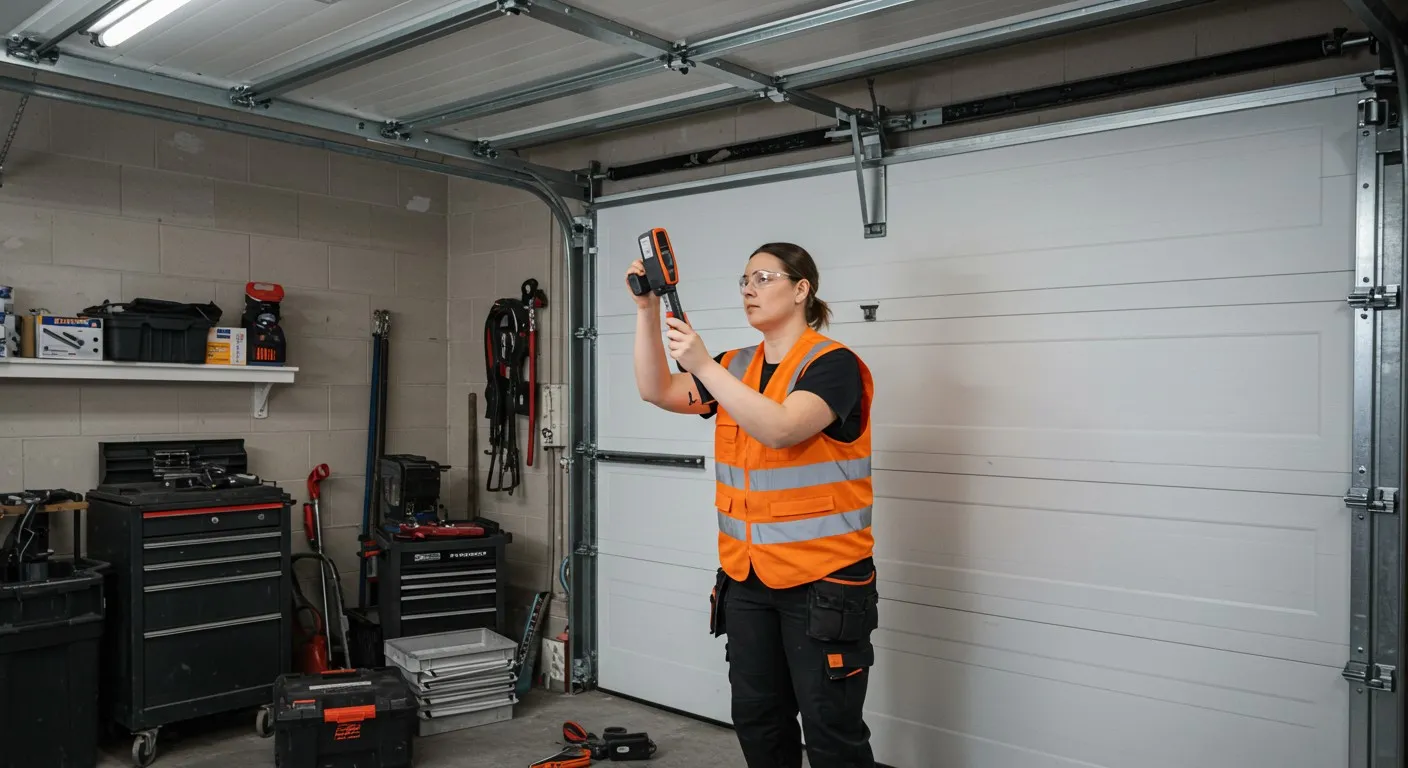 A person wearing an orange safety vest and glasses uses a tool in a garage.