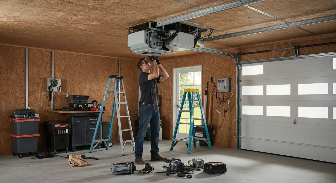 A professional technician is standing on a ladder, installing a new garage door opener system in a wooden-walled garage.