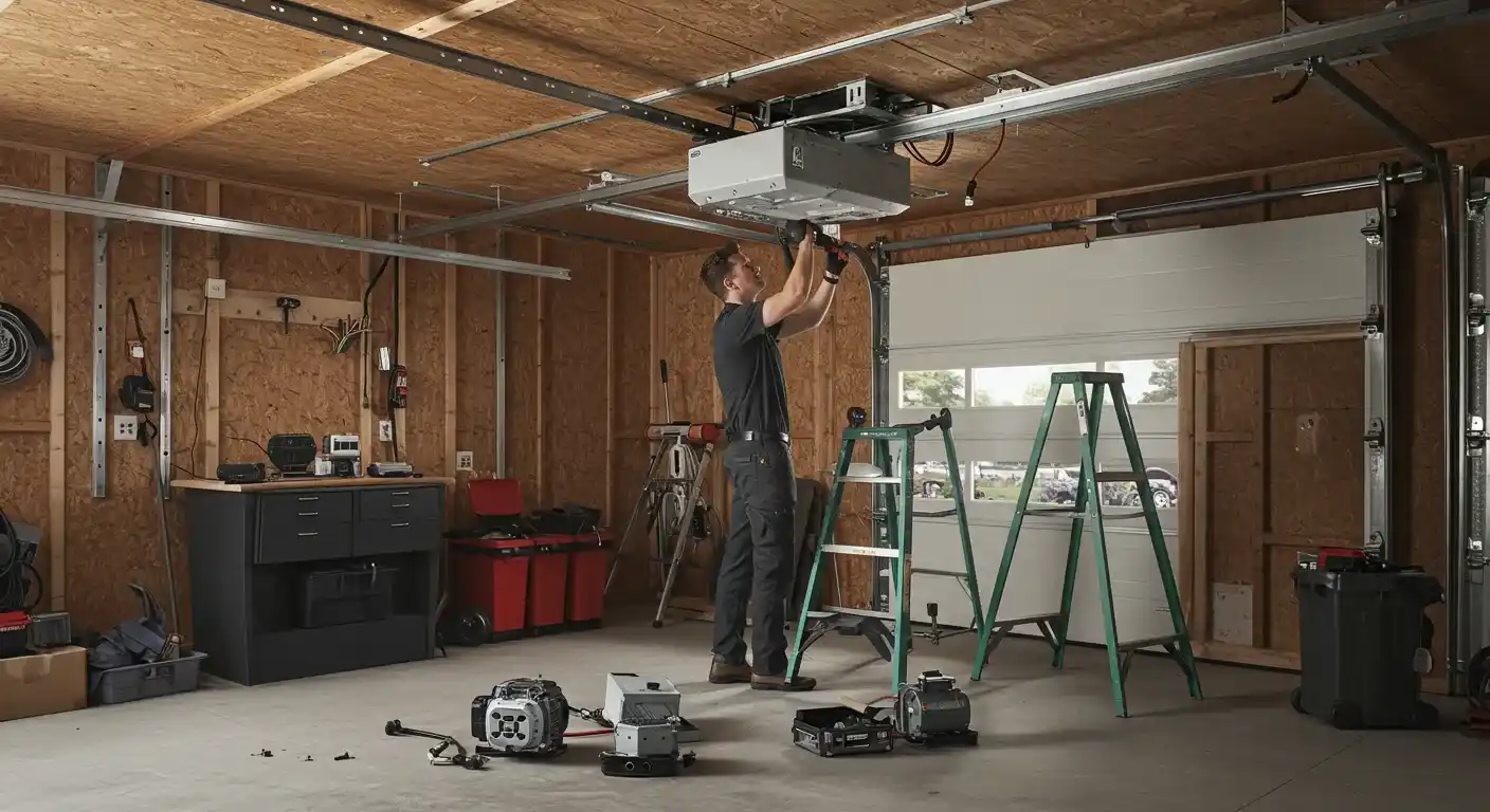 A garage door technician stands on a ladder, installing a new garage door opener system in a residential garage with wood panel walls.