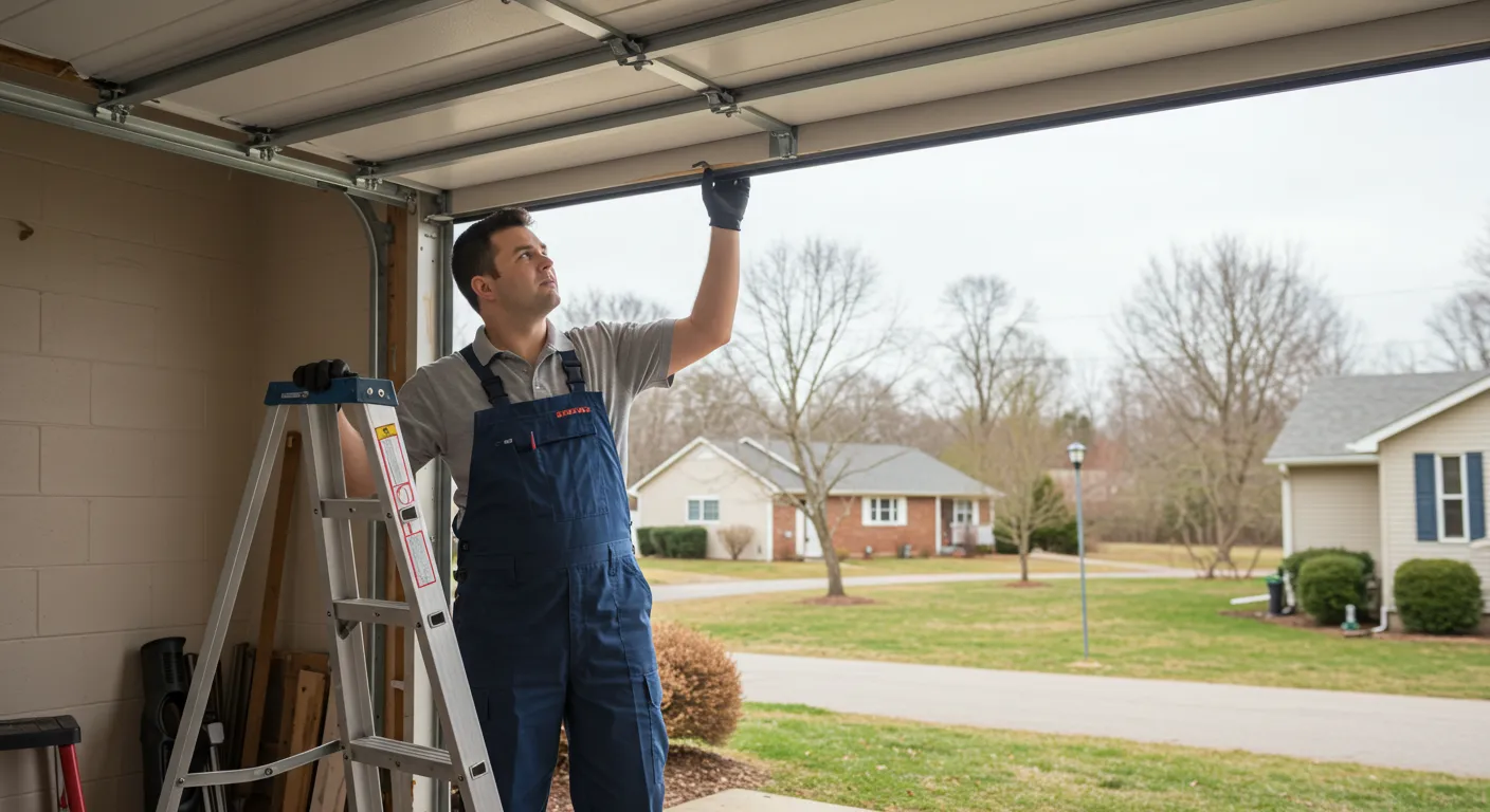 A technician wearing a grey shirt and blue overalls stands on a ladder, using a tool to repair a white sectional garage door in a suburban residential setting.