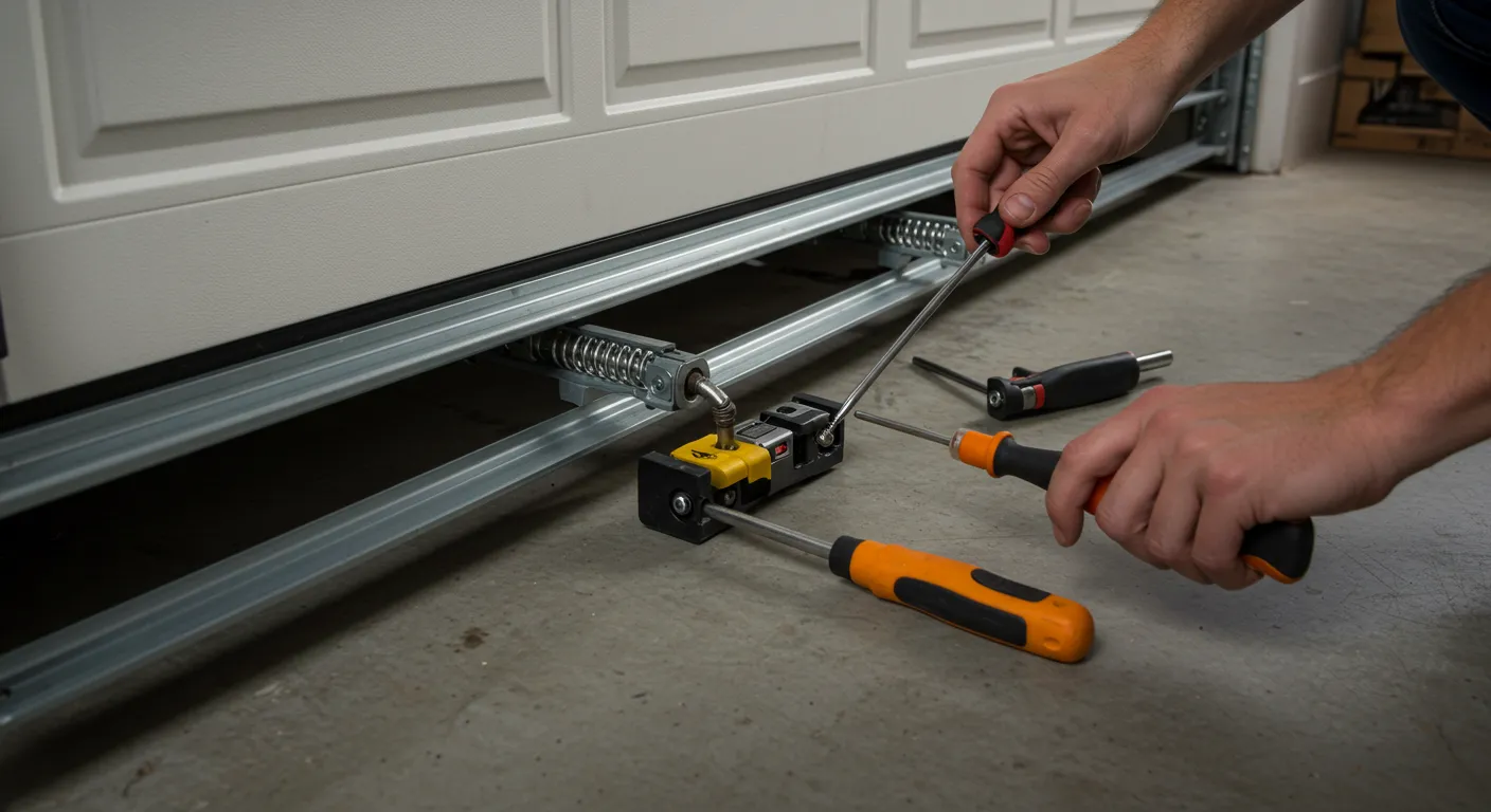 A close-up shot of a technician's hands, wearing grey gloves, using two screwdrivers to adjust a component on a garage door track near a spring mechanism.