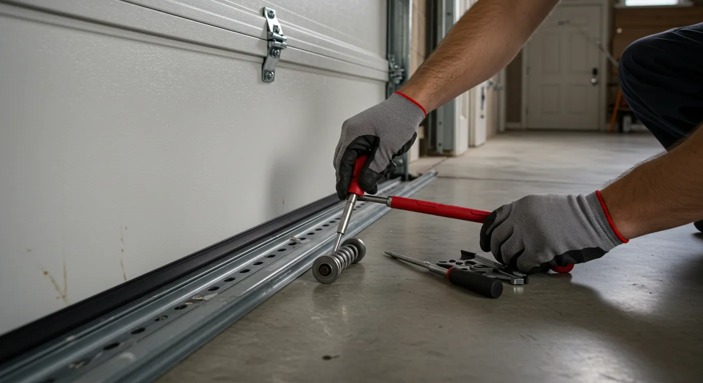 A close-up shot of a garage door technician wearing grey gloves, using a screwdriver to perform maintenance on the track and roller system at the bottom of a white garage door.