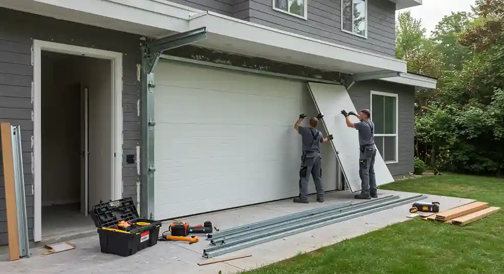 Two professional installers are lifting a large, white panel of a garage door to attach it to the frame of a modern residential garage. Tools and other door components are laid out on the ground.