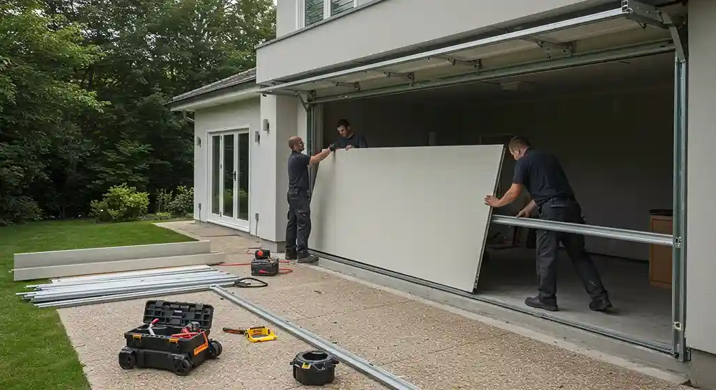 Three professional installers are working together to lift a large, white panel of a new garage door into place. The ground is covered with tools and other door parts.