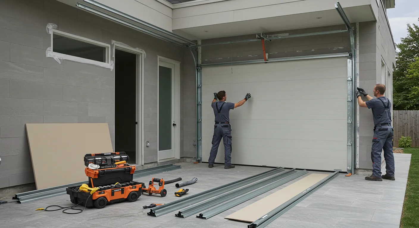 Two professional installers are attaching a new, large white garage door panel to the metal tracks of a modern garage. Tools and other parts are visible on the ground.