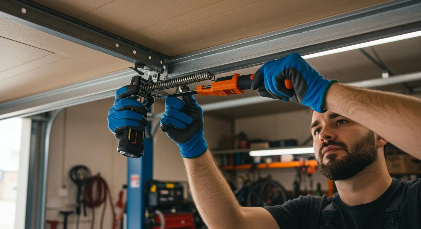 A person wearing blue gloves uses a power drill to adjust a spring on a garage door.