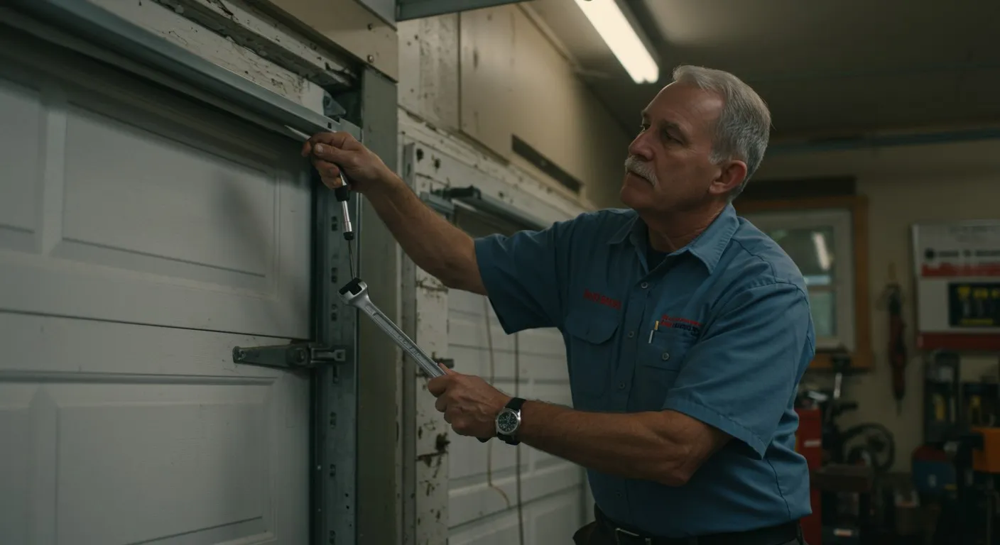 Man tightening garage door bolts.