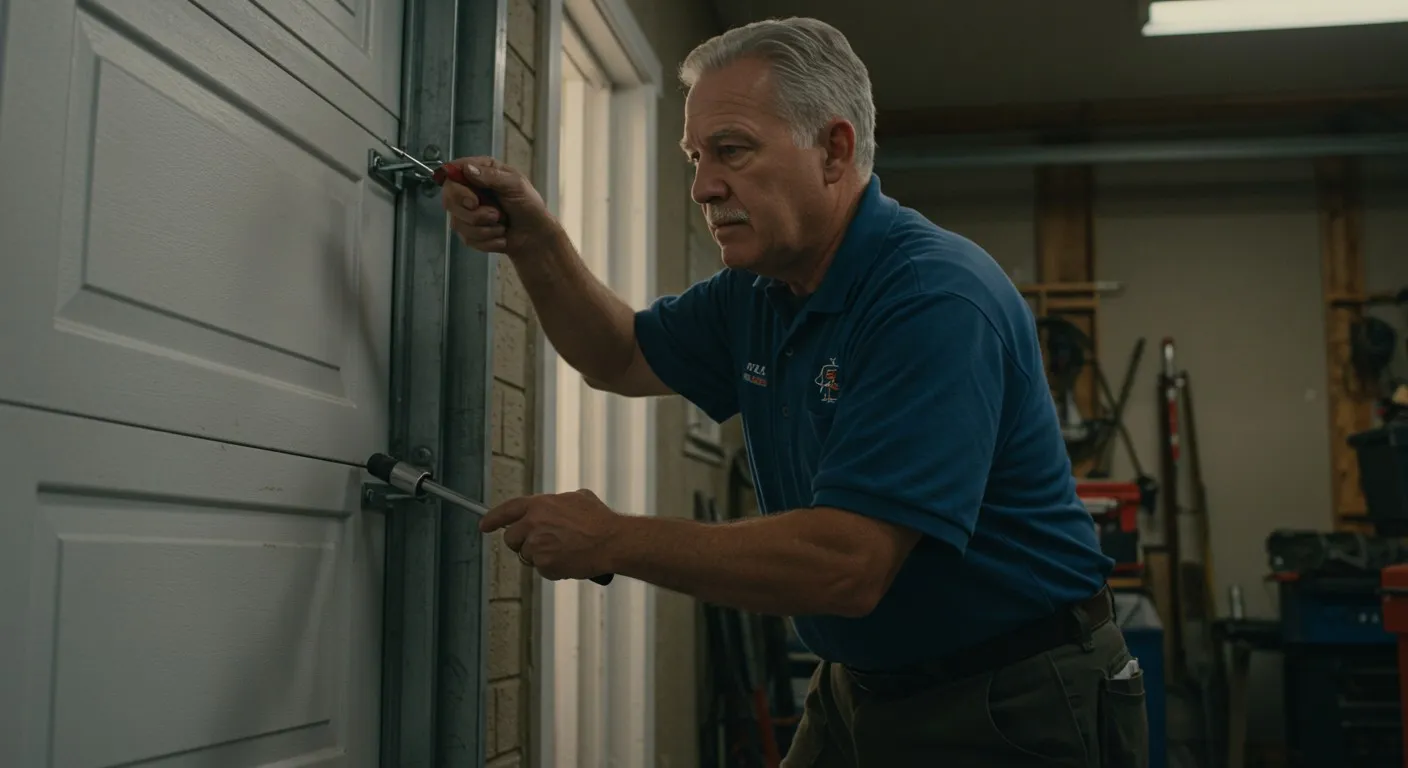 Man repairing white garage door.