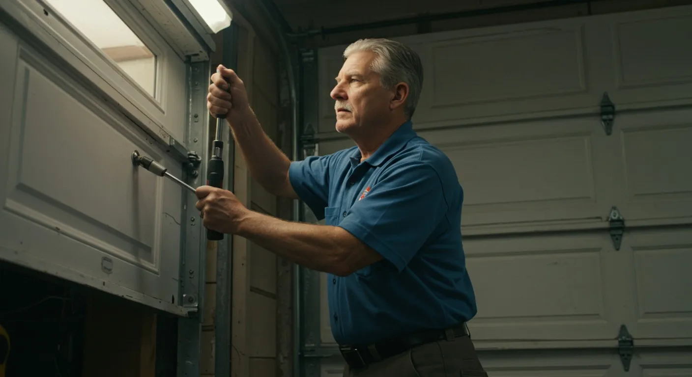 A man in a blue uniform shirt repairs a garage door with a tool.