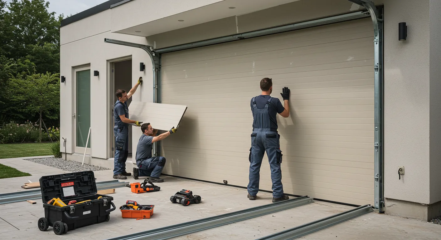 Three installers are working together to fit a new garage door. Two men hold a beige panel in place, while a third man stands and adjusts the panel. Tools and tracks are scattered on the ground.