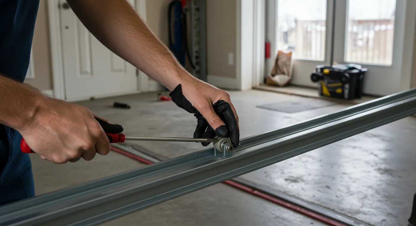 A garage door technician is working on a newly installed garage door opener system while standing on a ladder. Various tools and an old motor are on the floor.