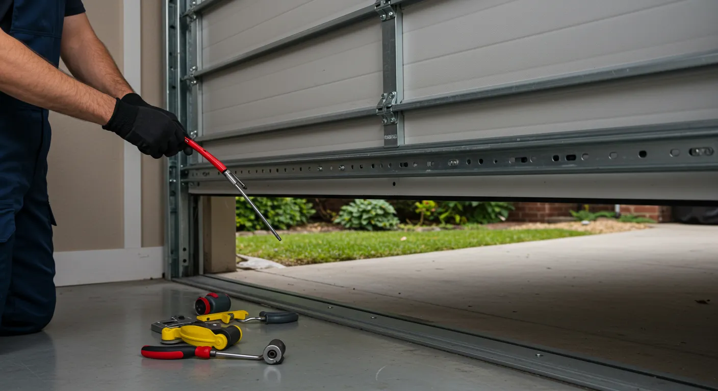 A person wearing black gloves kneels on the floor, using a red-handled tool to adjust a part of a partially open garage door track, with tools visible on the floor