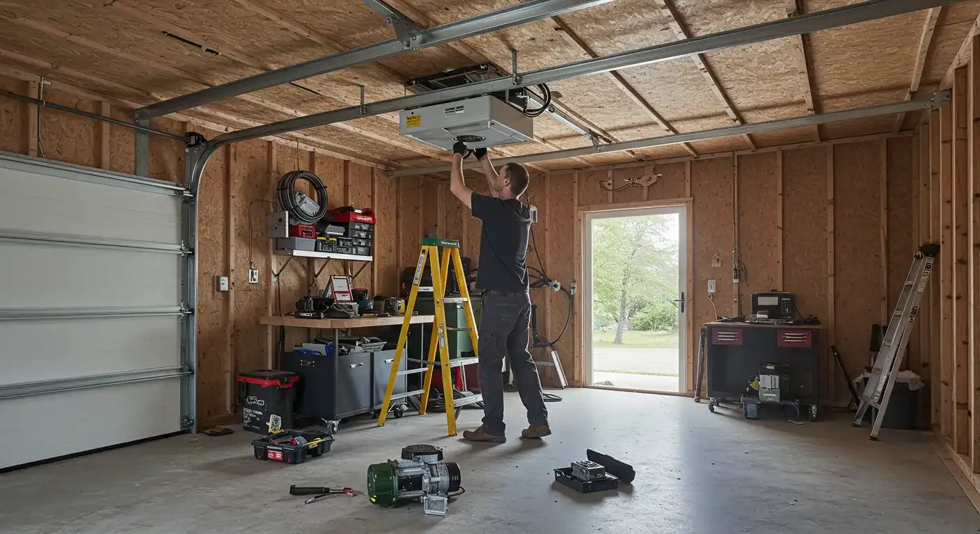 A garage door technician is working on a newly installed garage door opener system while standing on a ladder. Various tools and an old motor are on the floor.