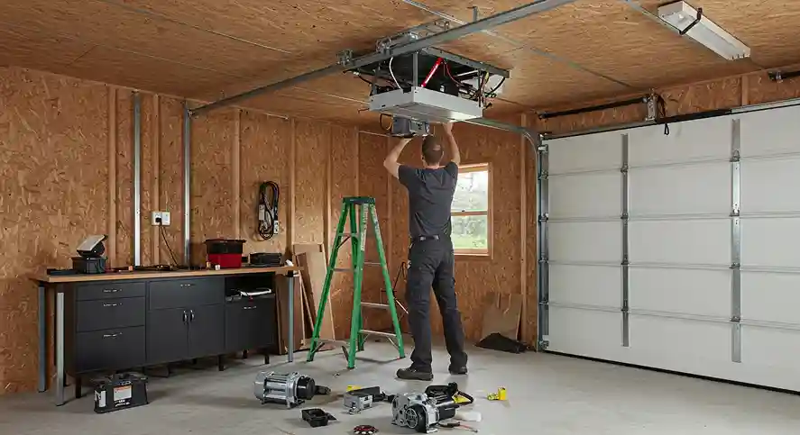 A technician is standing on a ladder and working on a new garage door opener system, with various tools and equipment scattered on the garage floor.