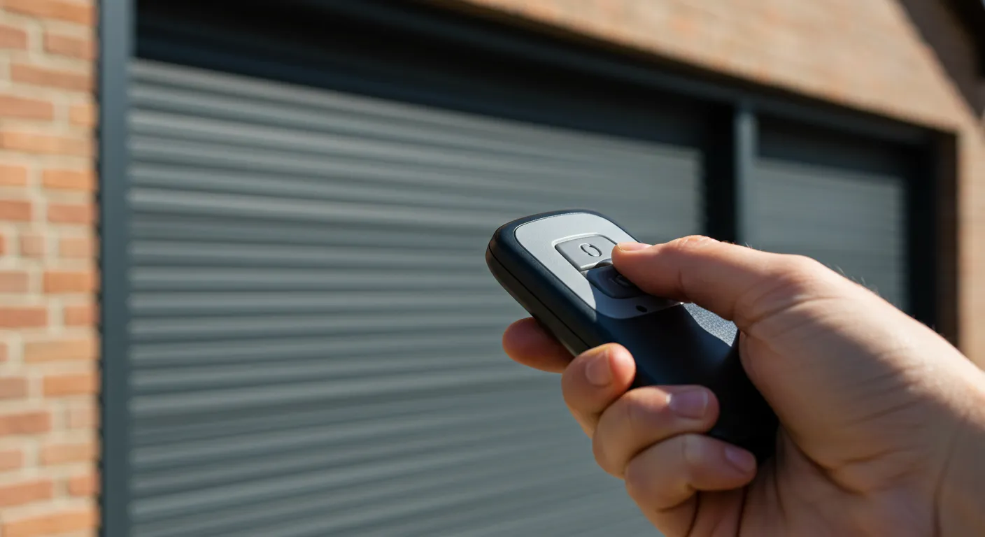 A hand is shown pressing a button on a grey garage door remote, with a black rolling shutter garage door visible in the background.