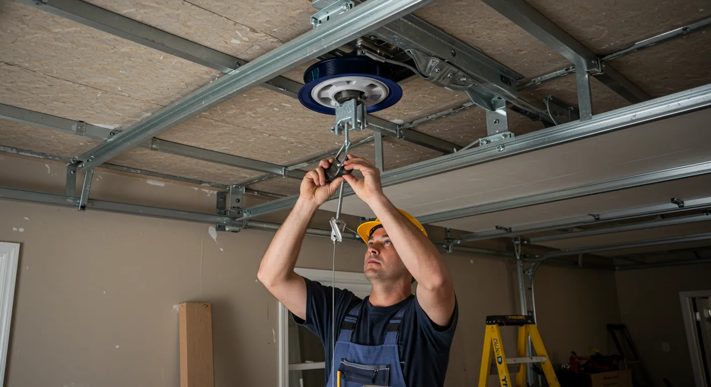 A man wearing a yellow hard hat and blue overalls is installing a garage door lift system, adjusting a metal cable on the ceiling's pulley and track.