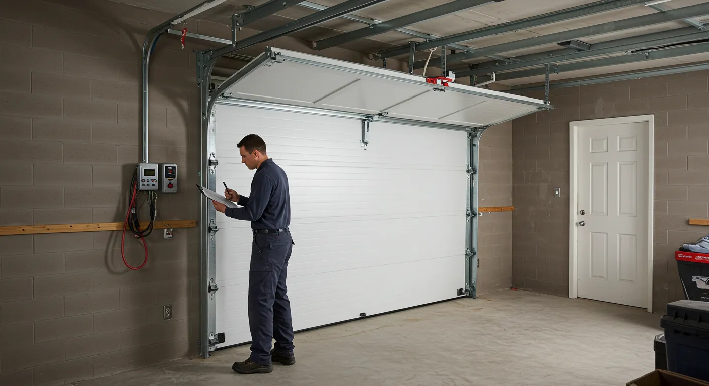 A professional technician stands with a clipboard, inspecting a partially open white garage door and its overhead components in a modern garage.