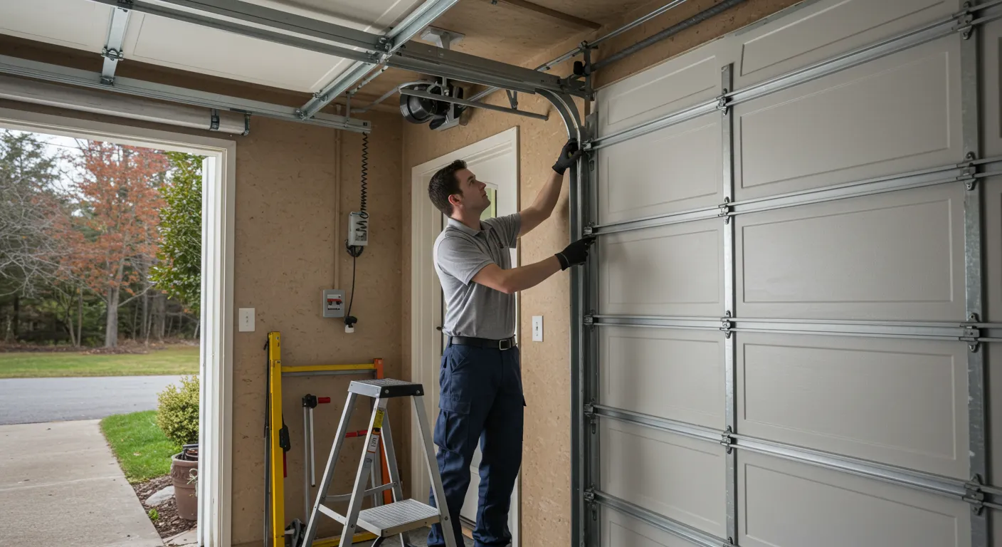 A professional technician wearing a grey shirt and blue pants is standing on a ladder, using his hands to repair a faulty roller on a white sectional garage door.