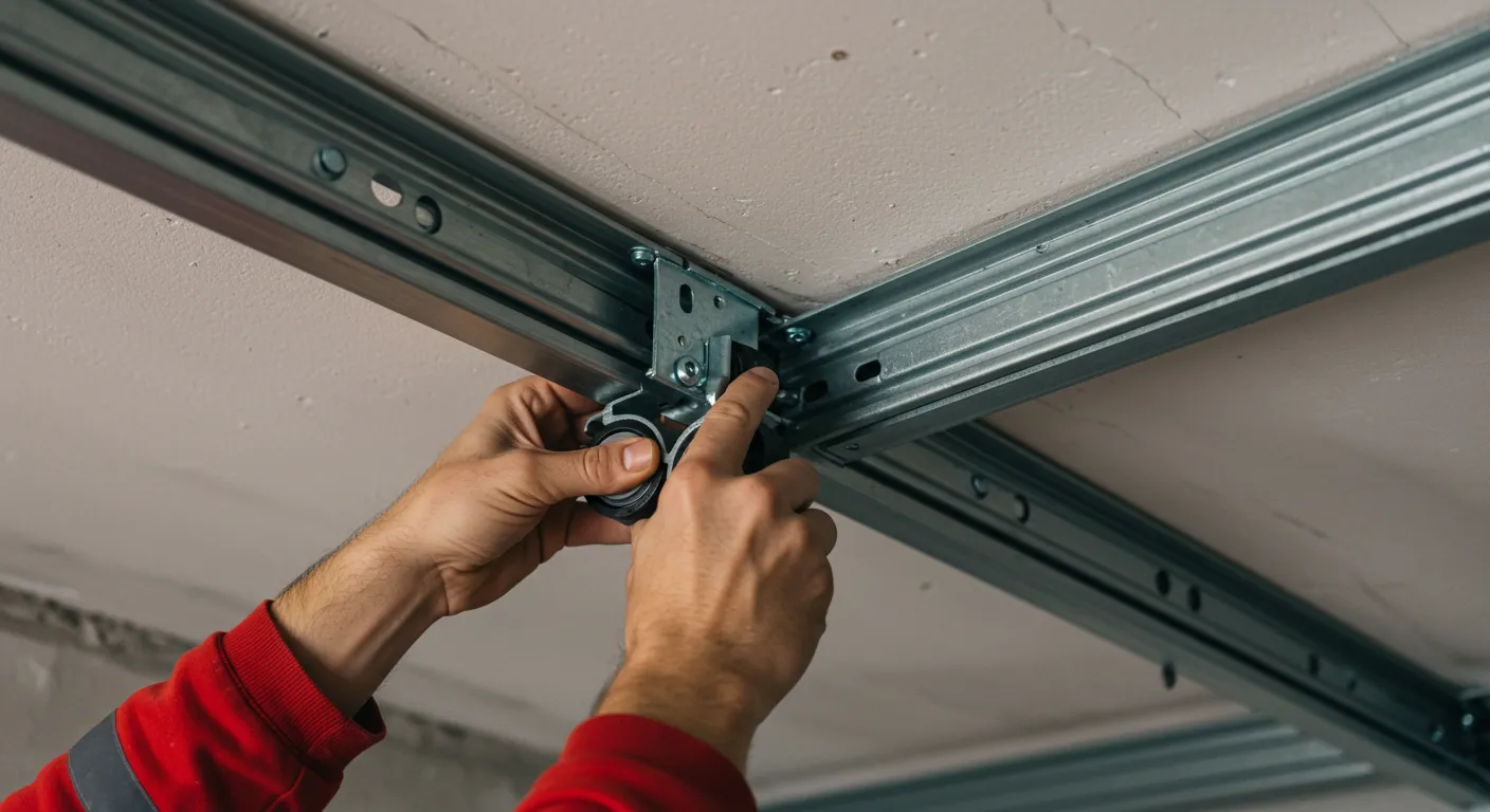 A close-up shot of a person's hands installing a new roller and bracket on the overhead track of a garage door.