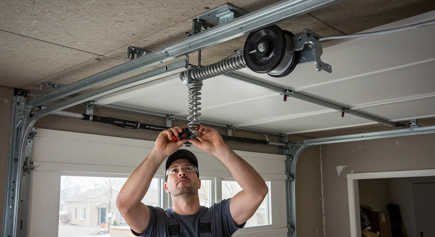 A man wearing a baseball cap and safety glasses is installing a spring and pulley system for a garage door, holding a tool to tighten a part on the track.