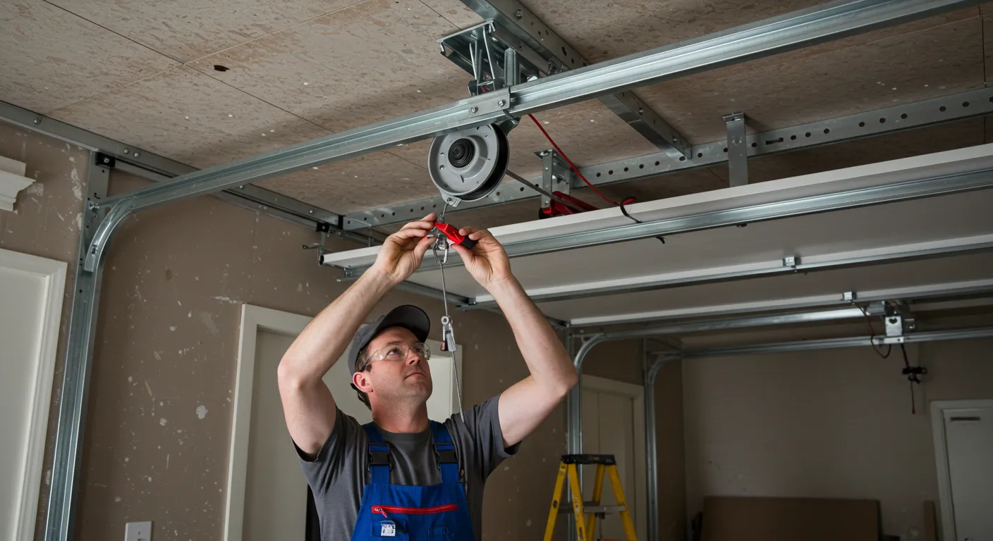 A man in a blue jumpsuit and baseball cap is installing a garage door lift system, carefully adjusting a cable attached to a pulley on the ceiling.