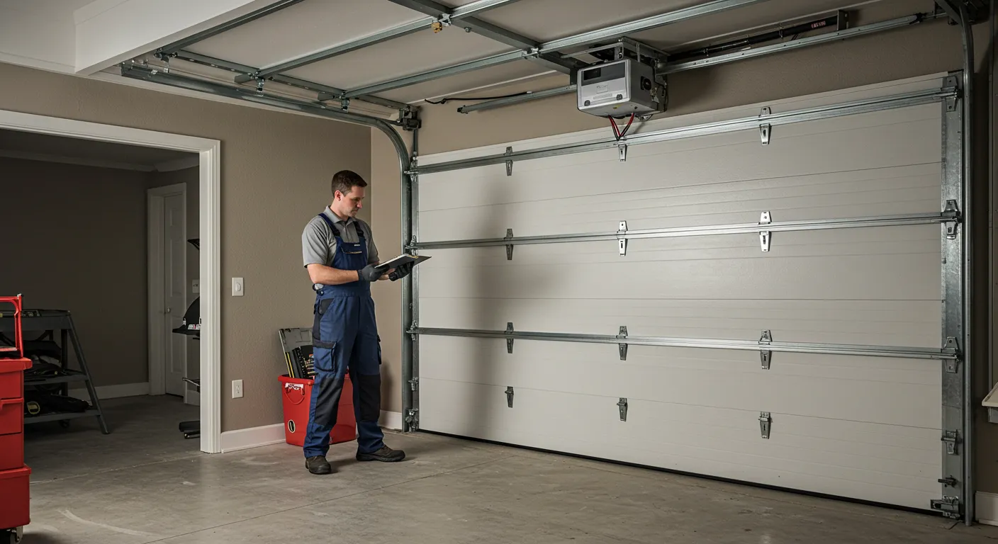 A professional technician stands in front of a white garage door, holding a clipboard to inspect the overhead garage door system.