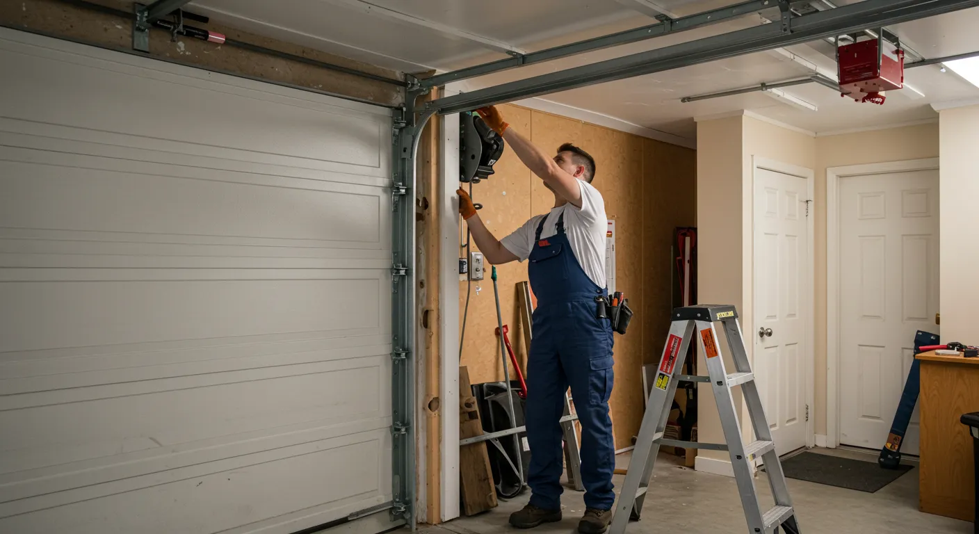 A professional technician in a white shirt and blue overalls is standing on a ladder and repairing the motor mechanism of a garage door opener.