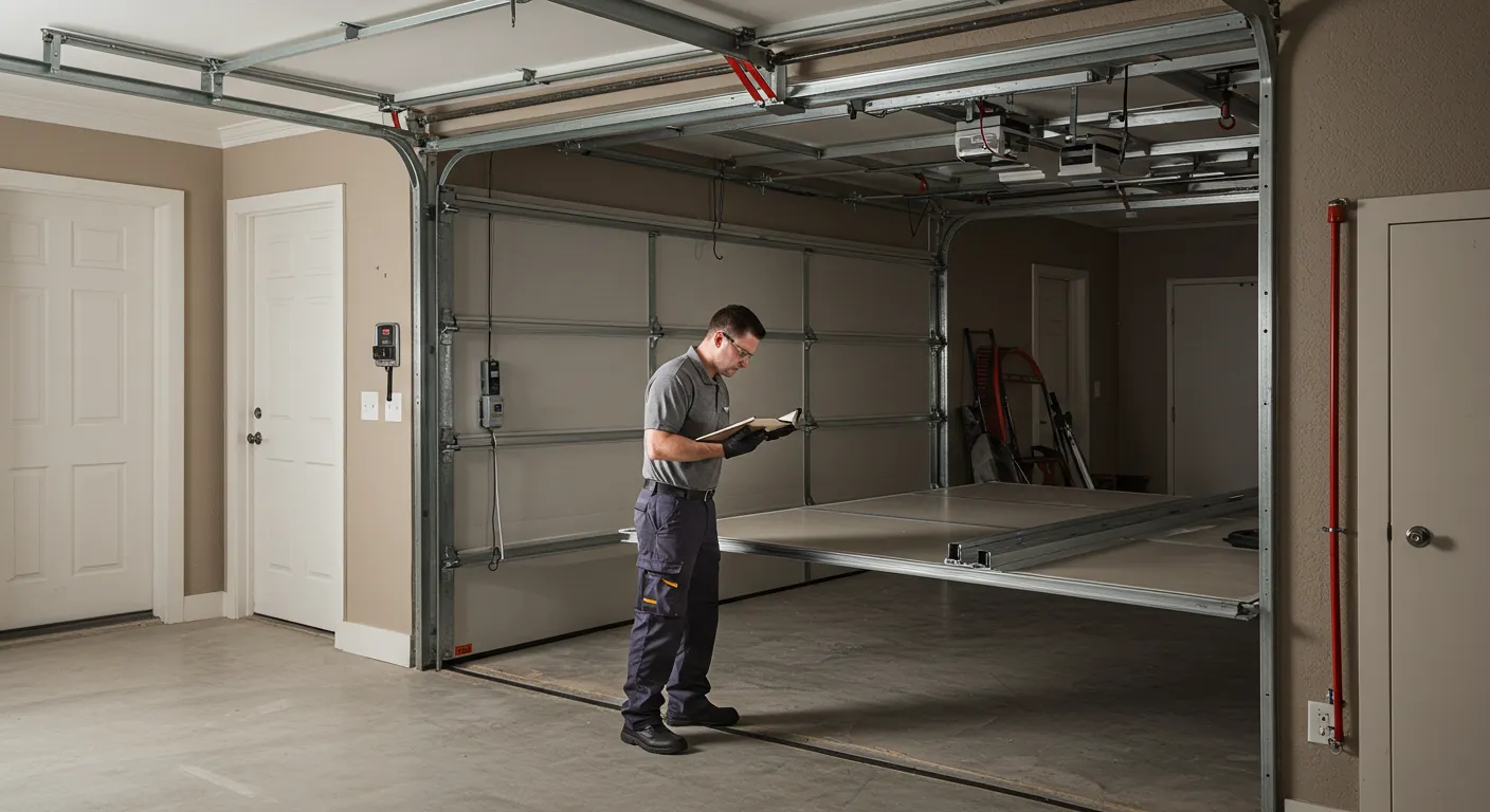 A garage door technician in a grey polo shirt and dark pants is performing an inspection, holding a clipboard and standing next to a partially open garage door.