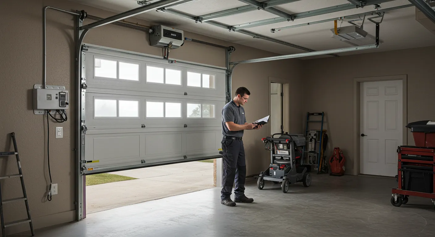 A professional technician stands in a garage, holding a clipboard and looking at a white sectional garage door with windows that is partially open.