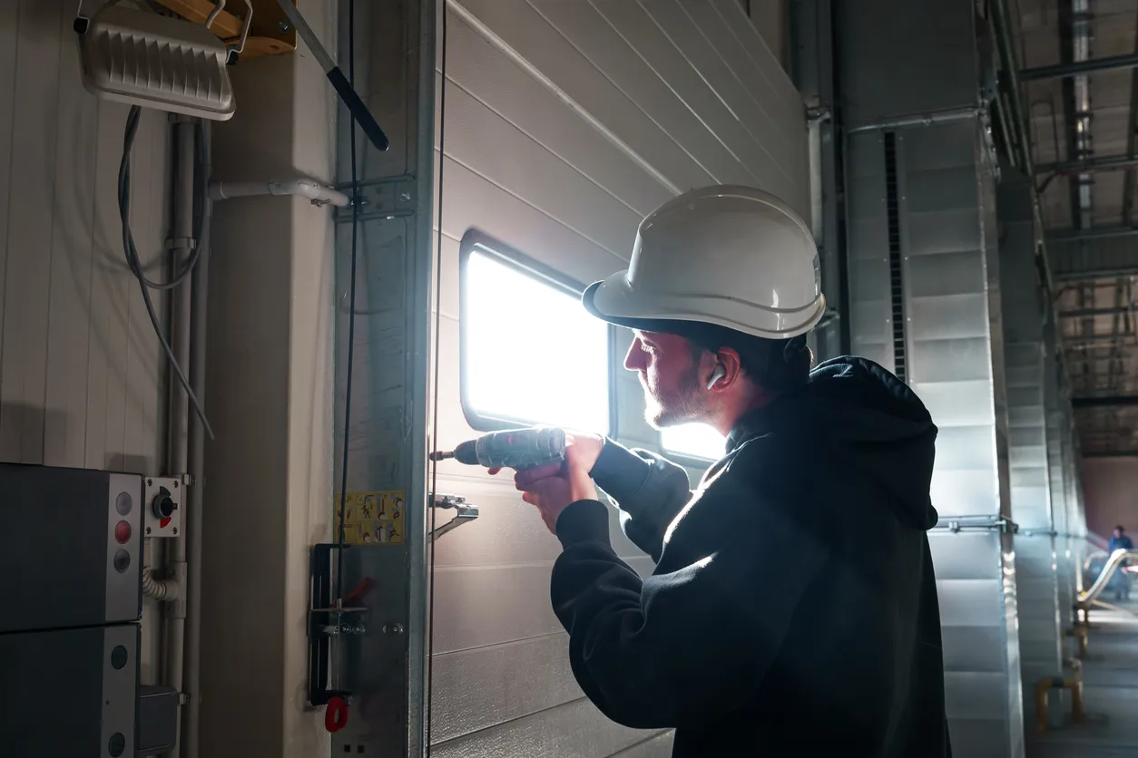 A technician wearing a white hard hat and dark jacket uses a power drill to repair a commercial-style garage door with a window.