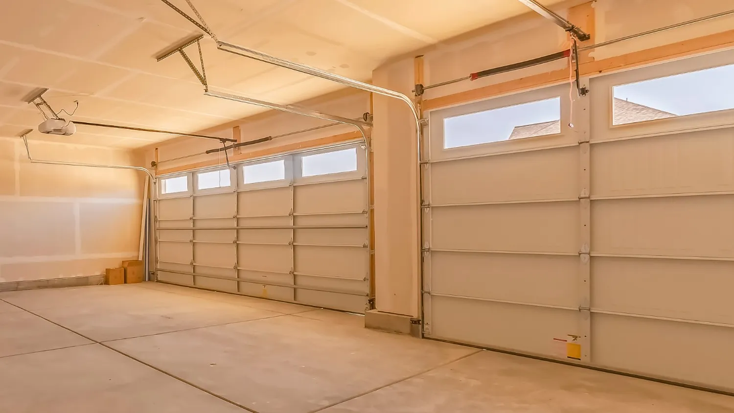 An empty, unfinished two-car garage features two light-colored garage doors with windows at the top, a concrete floor, and exposed ceiling beams and electrical wiring.