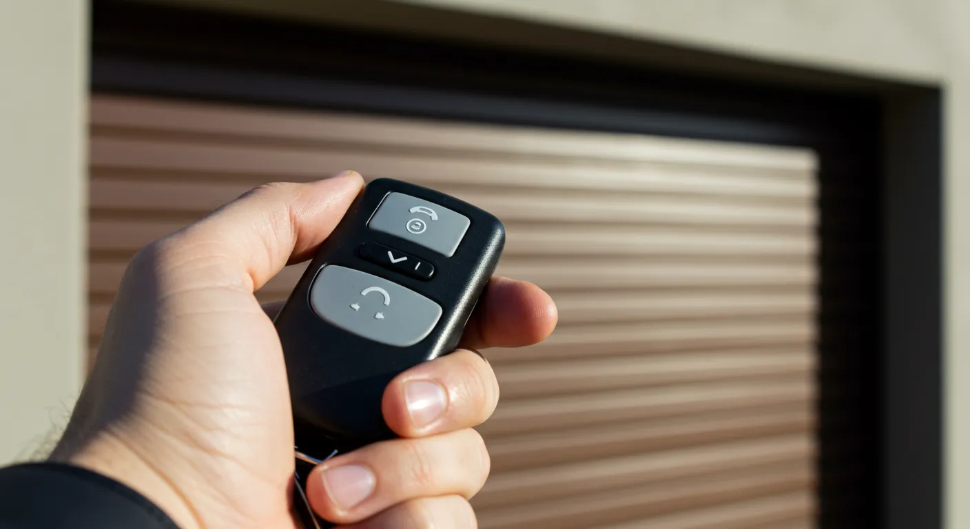 A low-angle shot of a person's hand holding a blue garage door remote, pressing a button to operate a white sectional garage door from the inside.