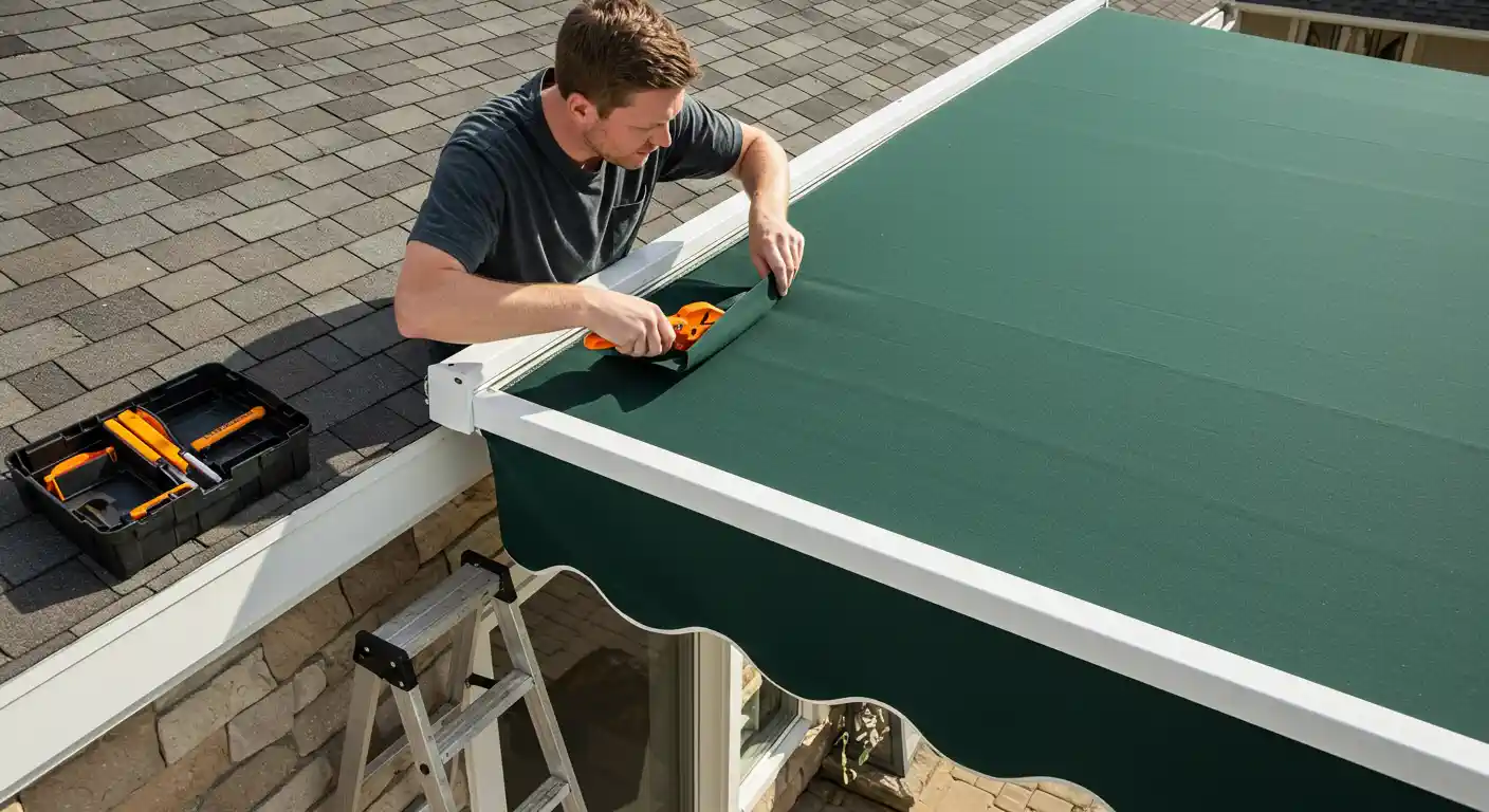 A man with reddish-brown hair, wearing a dark grey t-shirt, is on a roof, working on installing or adjusting a dark green awning with white trim. He is using an orange tool to manipulate the fabric. To his left, a black toolbox with orange tools is open. A silver ladder is visible next to the house, which has stone siding. The roof shingles are grey.