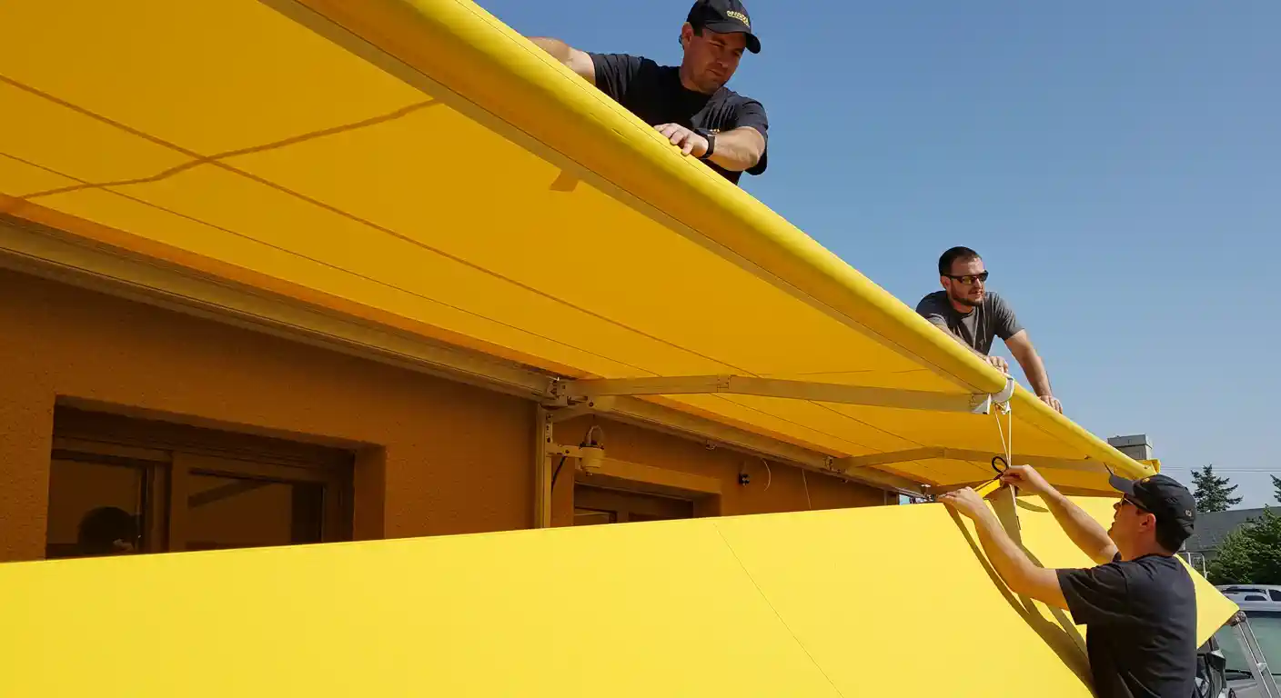 A sunny, low-angle outdoor shot shows three men working together to install a bright yellow retractable awning on the side of a building. Two men are on top of the awning frame, guiding the fabric, while the third man, at the bottom right, pulls the fabric through the frame. The blue sky is visible in the background.