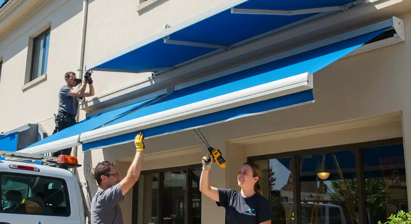 a six-panel collage showcasing various stages of awning installation and different types of finished awnings on commercial buildings. The top and middle left panels show workers in hard hats installing a blue, red, and light-colored awning, respectively, over storefronts. The top right panel provides a close-up of a worker on a ladder, adjusting the frame of a large brown retractable awning. The bottom middle and bottom right panels display completed installations, featuring multiple awnings on a row of shops and a final blue awning on a building with a "MEERM" sign.