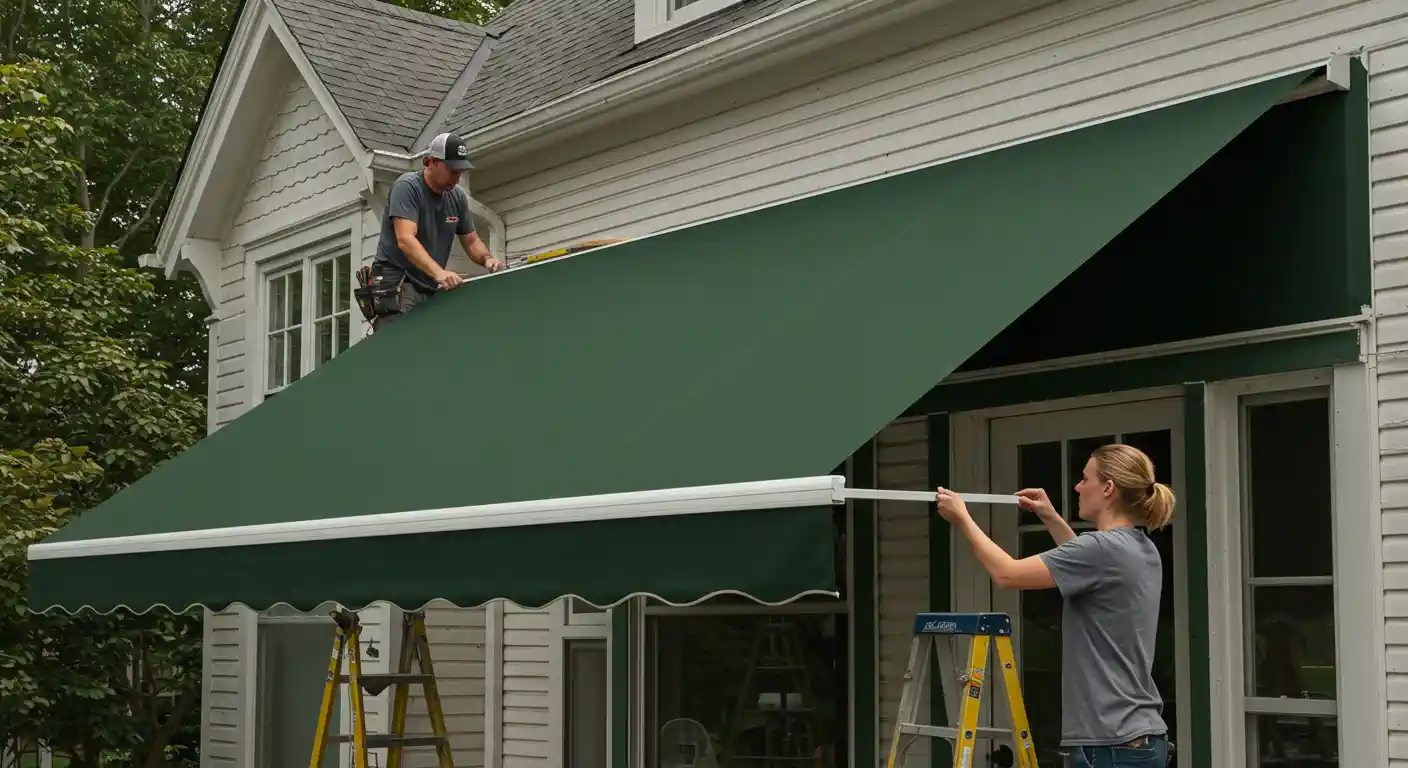  A high-angle outdoor shot shows a man and a woman installing a dark green retractable awning on a white house. The man, wearing a hat and work belt, is on the roof near the top of the awning, seemingly making an adjustment. The woman, standing on a yellow stepladder, is holding a white bar of the awning near its roller mechanism. Trees and part of another house are visible in the background.