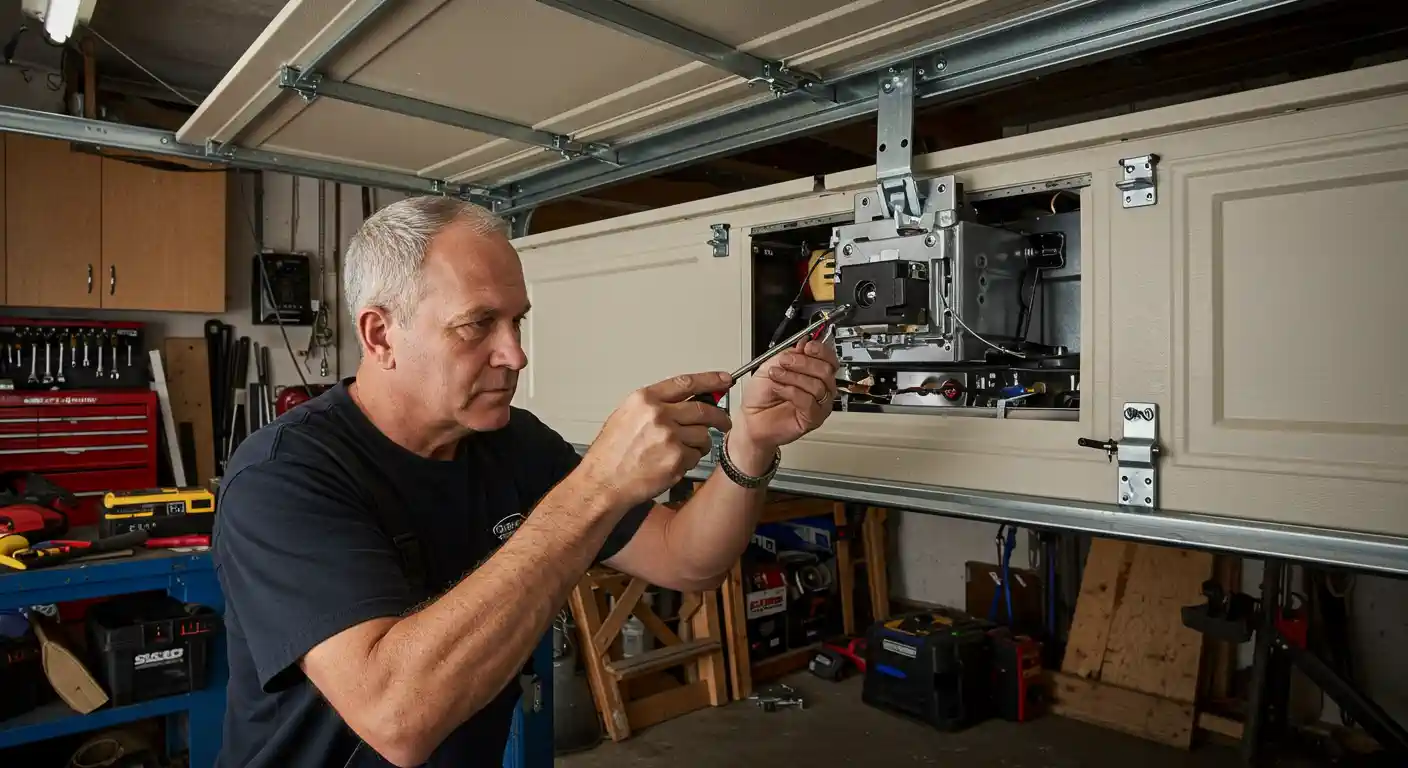 A man with short, graying hair and a black t-shirt is intently using a screwdriver with both hands to adjust the exposed internal mechanism of a light-colored overhead garage door. The door's panels and metal tracks are clearly visible above him, and a red toolbox with various tools is partially visible in the blurred background to the left.