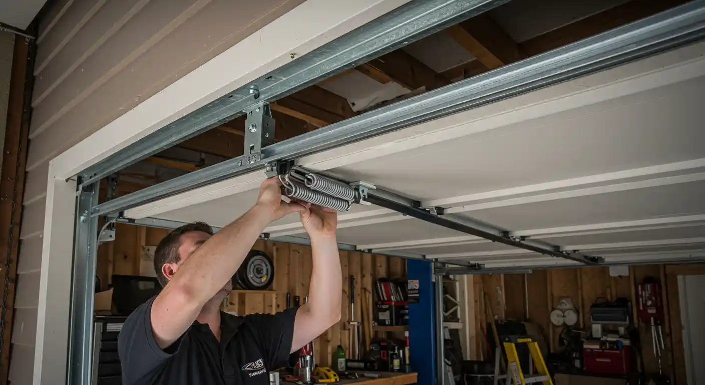 A person is repairing a garage door spring inside a well-organized garage.