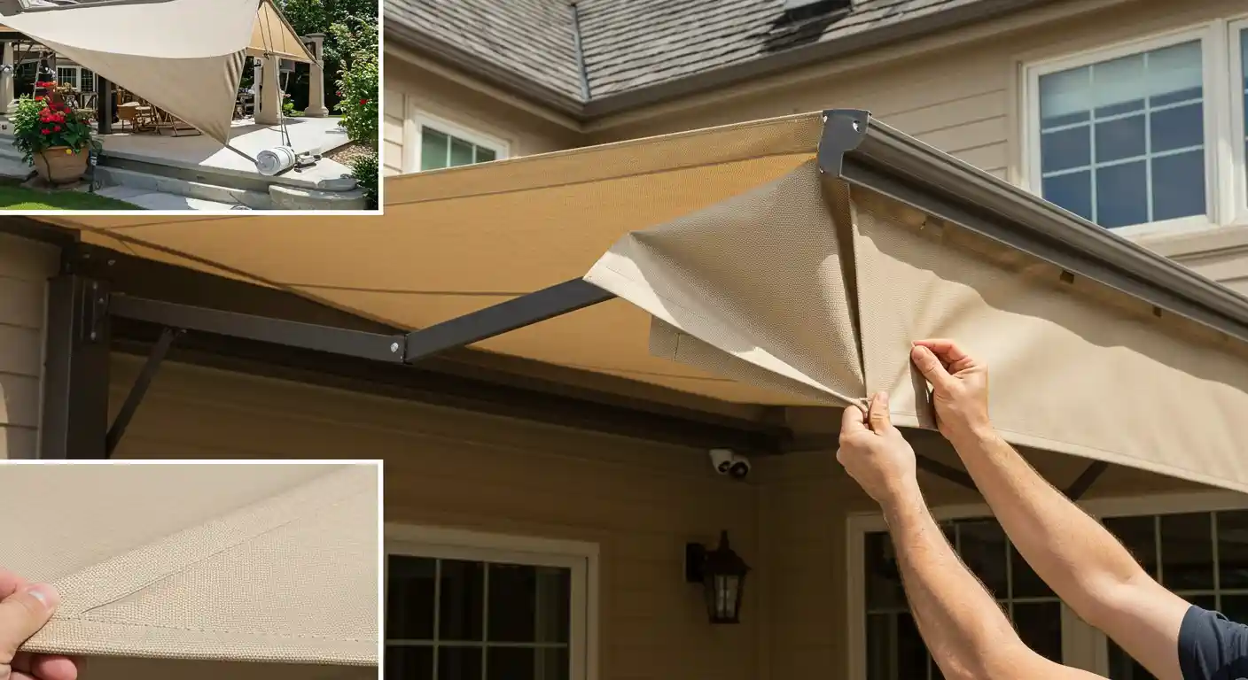 A composite image showcasing an awning fabric replacement. The main image shows a person's hands pulling and adjusting a new beige awning fabric onto its frame, which is attached to the side of a house. The top-left inset image shows a large, triangular beige shade sail extended over a patio area with outdoor furniture and potted plants. The bottom-left inset provides a close-up view of the beige fabric, highlighting its texture and stitching as a hand pulls it taut.