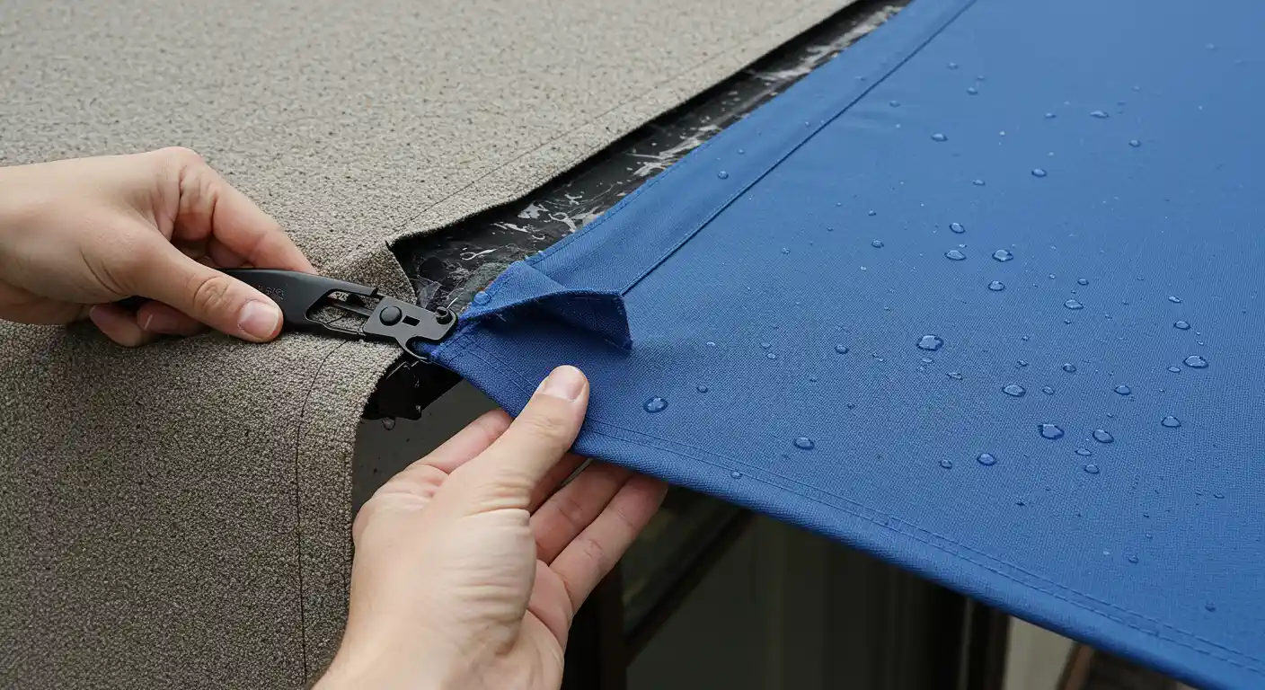  A close-up shot shows a pair of hands working on an awning, attaching a new blue, water-resistant fabric with visible water droplets to an existing grey fabric or frame using a black tool. The hands are carefully aligning and securing the new material.