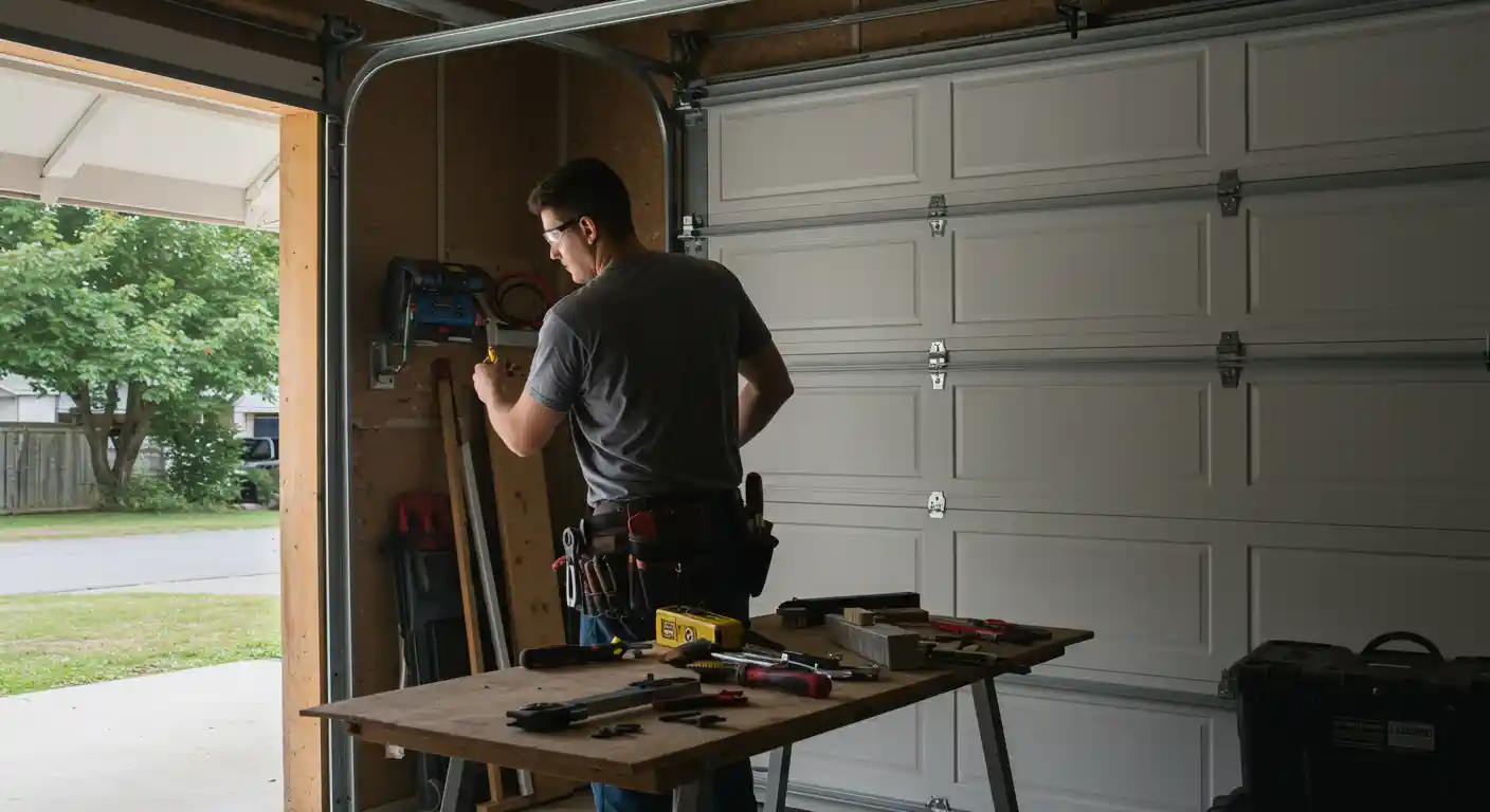 A man in a garage workshop stands by a workbench with tools.