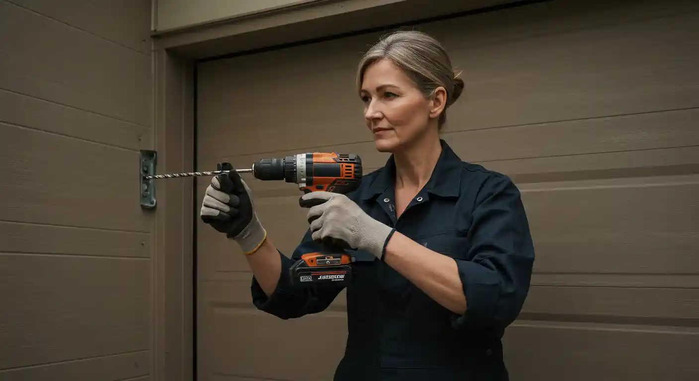  A woman with grey hair tied back in a bun, wearing a dark blue work shirt and grey work gloves, holds an orange and black power drill, drilling into the side of a beige garage door.