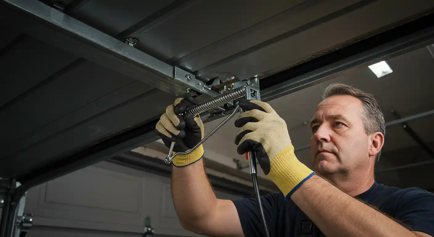A close-up, low-angle shot shows a man in work gloves carefully adjusting or installing the torsion springs of a garage door. He is holding a tool with yellow handles to manipulate the springs, which are mounted on a metal rod above the garage door panels. His expression is one of focused concentration.