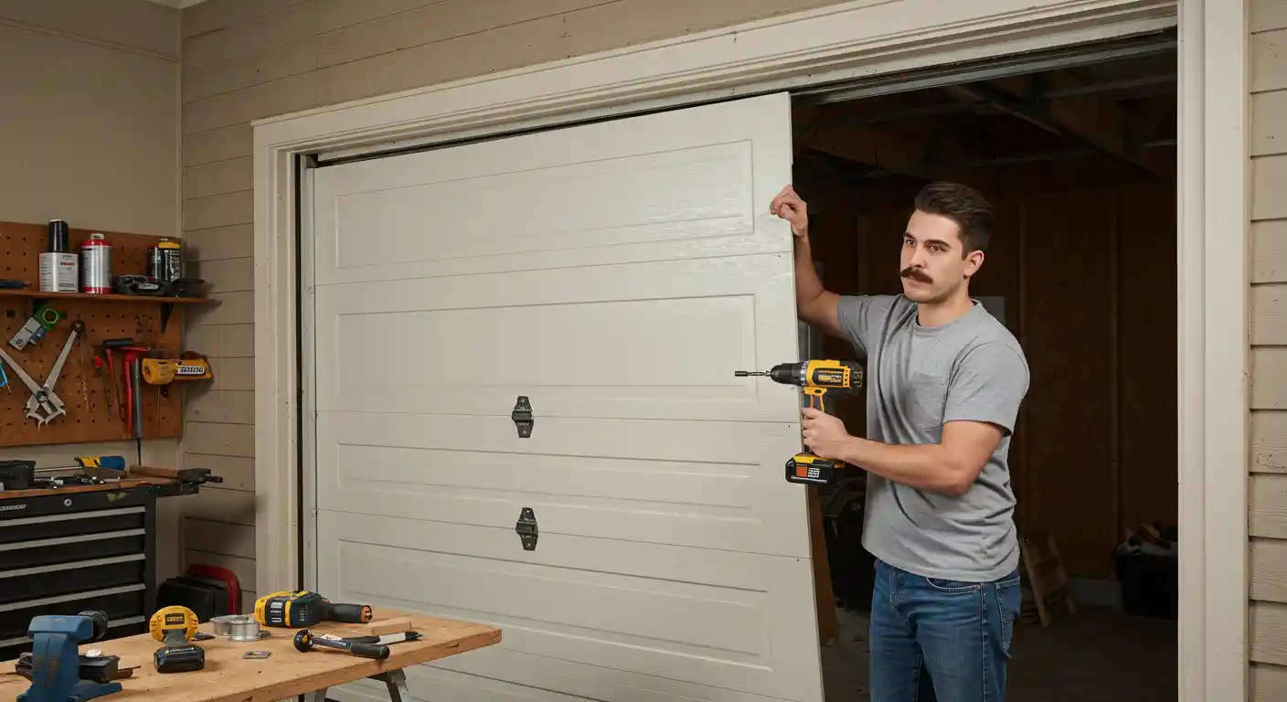 A man with a mustache, wearing a grey t-shirt and blue jeans, stands inside a garage next to a partially installed white sectional garage door. He is holding a yellow and black cordless drill in his right hand and has his left hand on the edge of the door panel, appearing to guide it. A workbench with tools is in the foreground to his left, and a pegboard with more tools is on the wall behind it