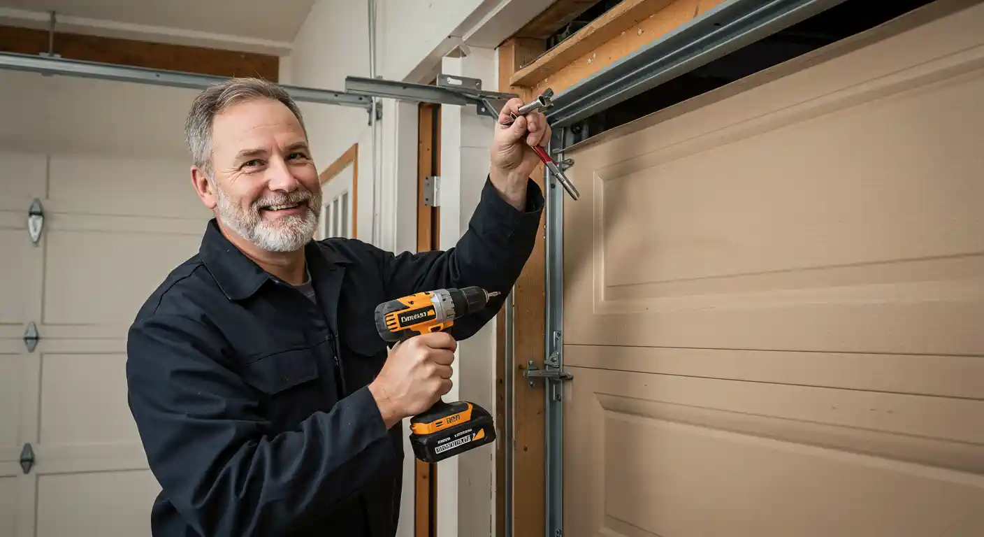 A smiling, bearded man in a dark work shirt holds an orange and black cordless drill in one hand and a small metal component in the other, as if ready to attach it. He stands in a garage, facing the viewer, with a light-colored sectional garage door visible behind him and the metal tracks of the garage door mechanism above.