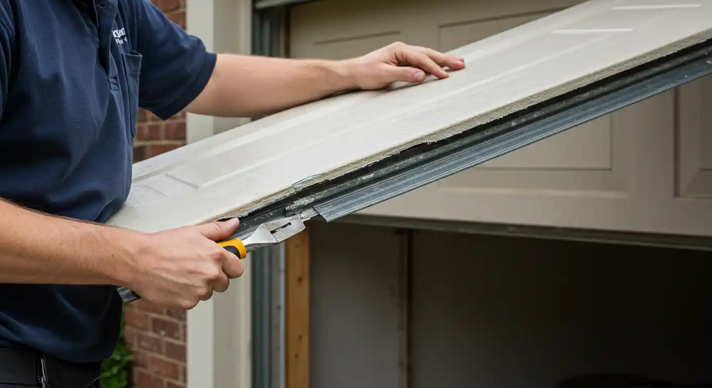A close-up shot shows a person in a dark blue polo shirt holding a light-colored garage door panel. They are using a utility knife with an orange handle to trim or separate a section of the panel's edge. The garage door opening is visible in the background, and a brick wall is subtly seen on the left.